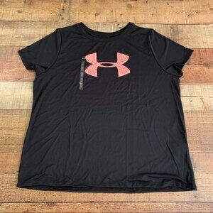 Under armour womens logo tech graphic loose fit short sleeve tee black pink -2X